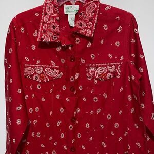 Quaker Factory Women's Red Bandana Paisley Print Rhinestones Blazer Jacket Small